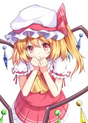 Rule 34 | 1girl, ascot, blonde hair, clenched hands, crystal, dress, eyebrows, flandre scarlet, hair between eyes, hat, hat ribbon, looking at viewer, miniskirt, mob cap, open mouth, pleated skirt, puffy short sleeves, puffy sleeves, red dress, red eyes, red ribbon, red skirt, red vest, ribbon, shiero., shirt, short sleeves, simple background, skirt, solo, touhou, vest, white shirt, wings