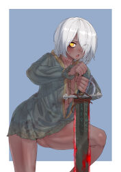 Rule 34 | 1girl, absurdres, blue background, blush, breasts, commentary request, dark-skinned female, dark skin, dirty, dirty clothes, ebonyxh, elden ring, eyes visible through hair, frilled sleeves, frills, hair over one eye, highres, holding, holding sword, holding weapon, long sleeves, looking at viewer, no pants, noose, one eye covered, open mouth, ringed eyes, scar, scar on neck, short hair, simple background, small breasts, solo, sword, tarnished (elden ring), tongue, weapon, white background, white hair, yellow eyes
