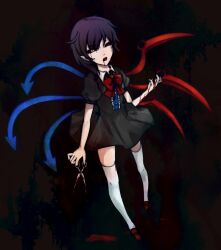 Rule 34 | 1girl, asymmetrical wings, black dress, black hair, blood, blood from mouth, blood on arm, blood on hands, bloody tears, blue wings, bow, bowtie, brown footwear, buttons, center frills, dark background, dress, frills, full body, guro, holding, holding scissors, houjuu nue, kyogoku-uru, looking at viewer, medium hair, open mouth, puffy short sleeves, puffy sleeves, red bow, red bowtie, red wings, scissors, short sleeves, solo, thighhighs, touhou, white thighhighs, wings, yellow eyes