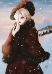 1girl 7villian7 blonde_hair blue_eyes coat fur_coat fur_hat genshin_impact hair_over_one_eye hat highres long_hair mountain red_lips russian_clothes signature signora_(genshin_impact) sky snow solo tree upper_body ushanka