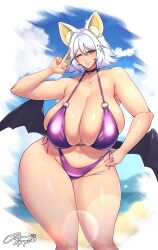 Rule 34 | 1girl, absurdres, animal ears, bat ears, bat wings, beach, bikini, blush, breasts, choker, coolpsyco, curvy, eyeshadow, female focus, green eyes, heart, highres, huge breasts, looking at viewer, makeup, navel, one eye closed, personification, rouge the bat, sega, short hair, skindentation, solo, sonic (series), star (symbol), swimsuit, thick thighs, thighs, v, white hair, wide hips, wings, wink