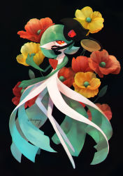 Rule 34 | anemone (flower), colored skin, commentary request, creatures (company), eye contact, flower, game freak, gardevoir, gen 3 pokemon, gen 5 pokemon, highres, kikuyoshi (tracco), looking at another, looking back, nintendo, orange eyes, orange flower, pokemon, pokemon (creature), signature, white skin, yamask, yellow flower