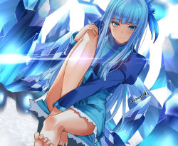 Rule 34 | 1girl, aona (anagasaki), bare legs, barefoot, blue dress, blue eyes, blue flower, blue footwear, blue hair, blue jacket, blush, closed mouth, crystal, dress, feet out of frame, flower, hair flower, hair ornament, hand on own knee, hand up, ice, isekai ojisan, jacket, juliet sleeves, knee up, long hair, long sleeves, looking at viewer, mabel raybert, parted lips, puffy sleeves, short dress, sitting, sleeves past wrists, solo, twitter username, very long hair