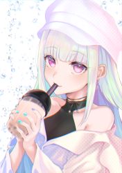 Rule 34 | 1girl, absurdres, bare shoulders, blue hair, blunt bangs, breasts, bubble tea, chromatic aberration, cup, drinking glass, drinking straw, earrings, hat, highres, jewelry, kisaragi chiyuki, lize helesta, long hair, looking at viewer, nijisanji, purple eyes, smile, solo, virtual youtuber