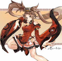 Rule 34 | 1girl, bare legs, bare shoulders, breasts, brown hair, can, china dress, chinese clothes, detached sleeves, dress, fighting stance, found modori, guilty gear, guilty gear xrd, hair ornament, hairclip, highres, kuradoberi jam, large breasts, long hair, looking at viewer, outstretched arm, skin tight, skirt, solo, swept bangs, wide sleeves