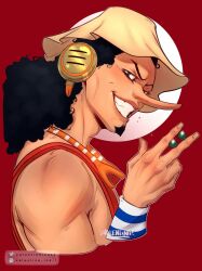 Rule 34 | 1boy, artist name, bare shoulders, black eyes, black hair, clenched teeth, curly hair, earmuffs, facial hair, goatee, goggles, goggles around neck, hat, highres, instagram logo, instagram username, long nose, looking at viewer, male focus, medium hair, one piece, smile, solo, teeth, third-party source, twitter logo, twitter username, usopp, valentina tavolilla, white hat
