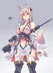 Rule 34 | 1girl, :p, ahoge, animal ear fluff, animal ears, bare shoulders, black footwear, black panties, blush, boots, breasts, brown eyes, butterfly hair ornament, cleavage, clothing cutout, collarbone, commentary request, dated, detached sleeves, fox ears, fox girl, fox tail, grey background, grey sash, gun, gun on back, hair ornament, holding, japanese clothes, large breasts, long hair, looking at viewer, navel, navel cutout, obi, original, panties, rifle, sash, sawaya (mizukazu), scope, silver hair, simple background, smile, sniper rifle, solo, standing, stomach, tail, thigh boots, thighhighs, tongue, tongue out, underwear, weapon, weapon on back, white thighhighs, wide sleeves