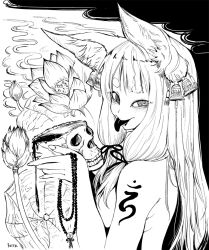 Rule 34 | 1girl, animal ears, artist name, batta (kanzume quality), beads, bell, blood, crazy eyes, earrings, eyebrows, flower, fox ears, greyscale, hair over shoulder, holding, holding skull, jewelry, long hair, looking at viewer, monochrome, original, sidelocks, skull, solo, spilling, @ @, thick eyebrows, tongue, tongue out, topless