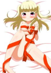 Rule 34 | 1girl, blonde hair, blunt bangs, blush, bow, breasts, cameltoe, female focus, jpeg artifacts, minami (colorful palette), naked ribbon, own hands together, purple eyes, red ribbon, ribbon, solo, sweat, tears, tokyo 7th sisters, two side up, uesugi u. kyouko, white background