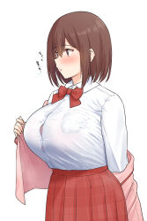 Rule 34 | 1girl, blush, bow, bowtie, bra, bra peek, breast pocket, breasts, brown eyes, button gap, collared shirt, dress shirt, fingernails, hair between eyes, highres, huge breasts, jacket, jacket partially removed, long sleeves, looking to the side, open clothes, open jacket, pink jacket, plaid, plaid skirt, pleated skirt, pocket, princess connect!, red bow, red bowtie, red skirt, school uniform, shirt, shirt tucked in, short hair, simple background, skirt, solo, standing, tented shirt, translation request, underwear, white background, yue (show-ei), yui (princess connect!), yui (real) (princess connect!)