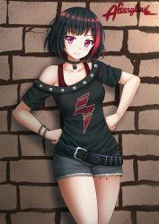 Rule 34 | 1girl, afterglow (bang dream!), against wall, bang dream!, bare shoulders, belt, belt buckle, bike shorts, black belt, black hair, black shirt, blush, brick wall, buckle, closed mouth, collar, collarbone, commentary, eyebrows, female focus, grey shorts, hands on own hips, highres, kazenokaze, legs together, looking at viewer, mitake ran, multicolored hair, off-shoulder shirt, off shoulder, purple eyes, red hair, shirt, short hair, short shorts, short sleeves, shorts, smile, solo, standing, streaked hair