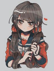 Rule 34 | 1girl, bad id, bad twitter id, black sailor collar, blunt bangs, blush, brown hair, closed mouth, danganronpa (series), danganronpa v3: killing harmony, grey background, hair ornament, hair over shoulder, hair scrunchie, hairclip, harukawa maki, heart, highres, holding, holding own hair, kara aren, long hair, long sleeves, looking at viewer, low twintails, mole, mole under eye, red eyes, red scrunchie, red shirt, sailor collar, school uniform, scrunchie, serafuku, shirt, simple background, solo, twintails, upper body