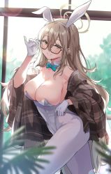 Rule 34 | 1girl, akane (blue archive), akane (bunny) (blue archive), animal ears, aqua bow, aqua bowtie, bare shoulders, black-framed eyewear, blue archive, blush, bow, bowtie, breasts, brown eyes, brown hair, cleavage, covered navel, detached collar, fake animal ears, glasses, gloves, hair between eyes, highres, hoshiko (419401x), large breasts, leotard, long hair, looking at viewer, pantyhose, parted lips, playboy bunny, rabbit ears, smile, solo, standing, white gloves, white leotard, white pantyhose, window