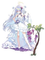 Rule 34 | 1girl, angel wings, azusa (blue archive), blue archive, blush, closed mouth, dress, elbow gloves, feathered wings, flower, frilled dress, frills, gloves, halo, high heels, highres, kokko (kokko3045), long hair, looking at viewer, pink eyes, pout, purple flower, simple background, single elbow glove, solo, white background, white footwear, white gloves, white hair, white wings, wings, yellow halo