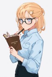 Rule 34 | 1girl, black-framed eyewear, black pants, blonde hair, blue eyes, blue shirt, bookmark, commentary, english commentary, glasses, hair ornament, high-waist pants, highres, holding, holding notebook, holding pen, hololive, hololive english, long sleeves, medium hair, notebook, orinte, pants, pen, shirt, shirt tucked in, solo, thinking, upper body, virtual youtuber, watson amelia