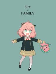 Rule 34 | 1girl, anya (spy x family), child, chimachi, collared shirt, director chimera (spy x family), dress, english text, full body, green background, green eyes, highres, holding, holding toy, light blush, long sleeves, looking at viewer, mary janes, open mouth, outstretched arms, pink hair, shirt, shoes, short hair, simple background, solo, spy x family, stuffed toy, toy, white legwear, white shirt