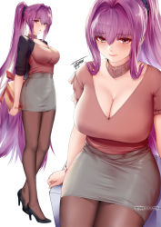 Rule 34 | 1girl, alternate costume, alternate hairstyle, artist name, bracelet, breasts, cleavage, contemporary, duplicate, fate/grand order, fate (series), high heels, highres, jewelry, large breasts, long hair, looking at viewer, multiple views, necklace, pantyhose, ponytail, purple hair, red eyes, scathach (fate), scathach (fate), shirt, short sleeves, shrug (clothing), signature, toyoman, very long hair
