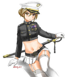 Rule 34 | 1girl, adapted costume, black jacket, breast pocket, brown eyes, brown hair, copyright request, ebifly, feet out of frame, garter straps, gloves, hair between eyes, hair bun, hat, holding, holding sword, holding weapon, insignia, jacket, katana, long sleeves, looking at viewer, medal, military, military hat, military uniform, miniskirt, navel, parted lips, peaked cap, pleated skirt, pocket, single hair bun, sitting, skirt, solo, sword, thighhighs, twitter username, uniform, weapon, white gloves, white thighhighs