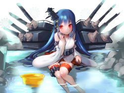 Rule 34 | 10s, 12 (xaenedju), 1girl, alternate hairstyle, bare shoulders, blue eyes, blue hair, breasts, bucket, detached sleeves, hair ornament, kantai collection, long hair, matching hair/eyes, medium breasts, nontraditional miko, onsen, panties, partially submerged, red eyes, sitting, solo, underwear, water, wide sleeves, wooden bucket, yamashiro (kancolle)