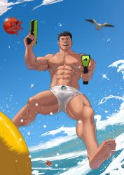 Rule 34 | 1boy, abs, absurdres, aiming, aiming at viewer, bara, bare pectorals, barefoot, beard stubble, bird, black hair, collarbone, dark-skinned male, dark skin, dual wielding, facial hair, floating, highres, holding, innertube, looking at viewer, male focus, male swimwear, muscular, muscular male, nipples, ocean, octopus, open mouth, original, pectorals, seagull, short hair, smile, solo, stubble, swim ring, swim trunks, swimsuit, tanglijianxue, thick thighs, thighs, topless male, water drop, water gun, wet, wet clothes, wet swimsuit, white male swimwear