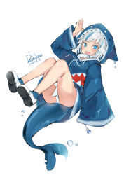 Rule 34 | 1girl, :d, animal hood, arm up, ass, bare legs, blue eyes, blue hair, blue hoodie, blue socks, commentary request, curvy, dated, dema hmw, fins, fish tail, full body, gawr gura, gawr gura (1st costume), gluteal fold, highres, hololive, hololive english, hood, hood up, hoodie, long sleeves, looking at viewer, multicolored hair, open mouth, panties, shark hood, shark tail, sharp teeth, shoe soles, shoes, signature, silver hair, simple background, smile, socks, solo, streaked hair, tail, teeth, thick thighs, thighs, underwear, virtual youtuber, water drop, white background, white footwear, white panties, wide sleeves