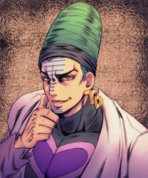 Rule 34 | 1boy, bad id, bad pixiv id, beehive hairdo, earrings, facial mark, giga omega, green hair, hand on own chin, headband, highres, jewelry, jojo no kimyou na bouken, male focus, red eyes, solo, stardust crusaders, stroking own chin, tattoo, terence t. d&#039;arby, thinking