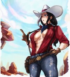 1girl abs belt blue_sky breasts cleavage commentary cowboy cowboy_hat day denim desert dripping english_commentary gun hand_on_own_hip hat heterochromia highres holster jeans large_breasts long_hair looking_afar makdraw25 multicolored_hair navel open_clothes open_shirt original outdoors pants parted_lips red_shirt rock scarf shirt sky solo stomach suspenders suspenders_pull sweat torn_clothes torn_jeans torn_pants two-tone_hair weapon western