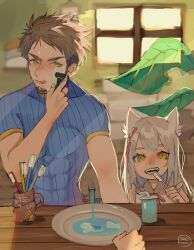 Rule 34 | 1boy, 1girl, absurdres, aged down, aged up, animal ears, bathroom, brushing teeth, cat ears, child, dadeltan, facial hair, father and daughter, highres, holding, holding toothbrush, mio (xenoblade), mirror, reflection, rex (xenoblade), shaving, short hair, sink, teeth, toothbrush, toothbrush in mouth, xenoblade chronicles (series), xenoblade chronicles 3, xenoblade chronicles 3: future redeemed, yellow eyes