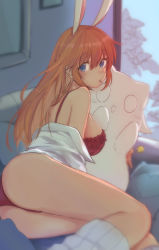 Rule 34 | 1girl, absurdres, animal ears, ass, bare shoulders, bed, blue eyes, blush, bra, breasts, brown hair, candy, charlotte e. yeager, emirio (emirio110), food, highres, indoors, large breasts, lingerie, lollipop, long hair, looking at viewer, looking back, microsoft windows, on bed, panties, rabbit ears, rabbit girl, red bra, red panties, shirt, solo, strike witches, underwear, white shirt, world witches series
