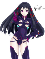 Rule 34 | 1girl, ar tonelico, ar tonelico ii, armor, black hair, black thighhighs, bodysuit, breasts, character name, clothing cutout, contrapposto, cowboy shot, gloves, groin, hand on own hip, highres, jakuri (ar tonelico), leotard, light smile, long hair, looking at viewer, multicolored hair, outstretched arm, pale skin, pauldrons, purple eyes, purple thighhighs, shoulder armor, sidelocks, simple background, small breasts, solo, standing, streaked hair, tetsu (kimuchi), thighhighs, thumbs up, two-tone hair, underboob, underboob cutout, vambraces, very long hair, white background