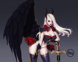 Rule 34 | 1girl, black wings, breasts, cleavage, collarbone, fangs, gloves, hair ornament, large breasts, leaning forward, lipstick, long hair, looking at viewer, looking to the side, makeup, mbguman, pale skin, pointy ears, red eyes, red lips, single wing, skull, solo, sword, thighhighs, weapon, white hair, wings