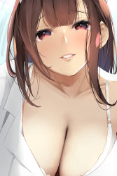 Rule 34 | 1girl, banned artist, blush, bra, breasts, brown hair, cleavage, collarbone, commentary request, dress, face, fay (fay axl), garter straps, hat, highres, huge breasts, leaning forward, long hair, looking at viewer, nurse, off shoulder, original, paid reward available, red eyes, solo, thighhighs, underwear, white bra, white dress, white theme