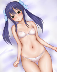 Rule 34 | 1girl, bed sheet, blue bow, blush, bow, bow bra, bow panties, bra, breasts, brown eyes, cameltoe, clenched hands, commentary request, covered erect nipples, crotch seam, fairy tail, from above, hair bow, head tilt, light frown, long hair, looking at viewer, lying, navel, on back, on bed, panties, parted lips, ponte, purple hair, see-through, small breasts, solo, thighs, twintails, underwear, underwear only, wendy marvell, white bra, white panties