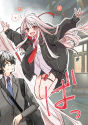 Rule 34 | 1boy, 1girl, :d, arms up, bag, bags under eyes, black footwear, black hair, black jacket, black shorts, blue necktie, boots, collared shirt, comic, demon tail, dress shirt, fang, formal, grey jacket, highres, jacket, long hair, long sleeves, mito (go!go!king!), multicolored hair, necktie, open clothes, open jacket, open mouth, original, profile, puffy long sleeves, puffy sleeves, red eyes, red hair, red necktie, shinigami, shirt, short shorts, shorts, shoulder bag, sleeves past wrists, smile, suit, tail, two-tone hair, two side up, very long hair, white hair, white shirt