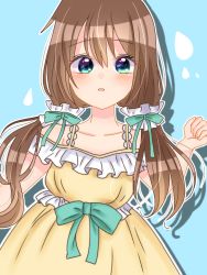 Rule 34 | 1girl, alternate hairstyle, aqua background, aqua eyes, artist name, artist request, bare shoulders, blue eyes, blush, bow, breasts, brown hair, cleavage, collarbone, dress, female focus, fluffy-wuffy shizu-bear (love live!), frilled dress, frilled skirt, frills, green bow, hair between eyes, hair bow, hair ornament, hair scrunchie, long hair, looking at viewer, love live!, love live! nijigasaki high school idol club, love live! school idol festival, love live! school idol festival all stars, miniskirt, osaka shizuku, parted lips, plaid, plaid dress, plaid skirt, pleated, pleated dress, pleated skirt, raindrop print, scrunchie, skirt, small breasts, smile, solo, twintails, white scrunchie, yellow dress, yellow skirt