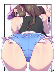 Rule 34 | 1girl, artist name, ass, ass focus, baseball cap, bent over, blue eyes, brown hair, creatures (company), eyebrows, from behind, game freak, hand up, hat, highres, hilda (pokemon), huge ass, kajin (kajinman), looking at viewer, looking back, midriff, mole, naughty face, nintendo, pale skin, pokemon, pokemon bw, ponytail, shiny skin, short shorts, shorts, simple background, sleeveless, tan, tank top, tanline, thighs, v, white background