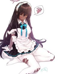 Rule 34 | 1girl, ahoge, apron, arm support, black dress, black hair, blue archive, blue bow, blue bowtie, blue ribbon, blush, bow, bowtie, breasts, closed mouth, commentary, dark-skinned female, dark skin, dress, frilled apron, frilled dress, frills, gloves, gradient hair, hair between eyes, halo, highres, honotai, karin (blue archive), large breasts, long hair, looking at viewer, maid, maid apron, maid headdress, multicolored hair, neck ribbon, no shoes, off-shoulder apron, off shoulder, pantyhose, pleated dress, puffy short sleeves, puffy sleeves, purple hair, ribbon, short sleeves, signature, simple background, sitting, solo, spoken squiggle, squiggle, sweat, torn clothes, torn pantyhose, very long hair, white apron, white background, white gloves, white pantyhose, yellow eyes, yokozuwari