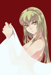 Rule 34 | 1girl, breasts, c.c., cleavage, code geass, completely nude, from side, green hair, hair between eyes, holding, long hair, looking at viewer, medium breasts, meimi k, nude, parted lips, red background, simple background, solo, upper body, yellow eyes