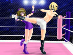 Rule 34 | #13, 1girl, animal ears, arena, battle, blonde hair, blue eyes, blush, boots, brown hair, cat ears, dodge (company), domination, femdom, fighting, humiliation, kicking, mask, smile, smirk, sumire (#13), syemi (#13), wrestling, wrestling ring