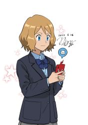 Rule 34 | 1girl, alternate costume, black jacket, blue eyes, blue shirt, bow, bowtie, brown hair, buttons, closed mouth, collared shirt, commentary request, creatures (company), dated, eyelashes, game freak, gen 4 pokemon, highres, holding, holding phone, jacket, long sleeves, nintendo, one-hour drawing challenge, phone, pokemon, pokemon (anime), pokemon (creature), pokemon xy (anime), rotom, rotom phone, serena (pokemon), shirt, short hair, signature, smile, star (symbol), tamura (kouititamura), white background