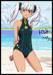 Rule 34 | 1girl, arms behind back, beach, breasts, closed mouth, cloud, fingernails, highres, long hair, looking at viewer, mountain, outdoors, small breasts, smile, solo, swimsuit, twintails, water, white hair, xenogears
