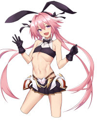 Rule 34 | 1boy, absurdres, armor, astolfo (fate), astolfo (saber) (fate), bad id, bad pixiv id, bare shoulders, belt, black bow, black bowtie, black gloves, black ribbon, black shirt, black skirt, blush, bow, bowtie, crop top, fang, fate/grand order, fate (series), faulds, gloves, hair between eyes, hair bow, hair intakes, hair ribbon, highres, long hair, looking at viewer, low twintails, male focus, multicolored hair, navel, nekosama shugyouchuu, open mouth, pink hair, pleated skirt, purple eyes, ribbon, shirt, simple background, skirt, smile, solo, streaked hair, thighs, trap, twintails, white background, white hair, wing collar