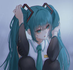 Rule 34 | 1girl, arm up, bare shoulders, black sleeves, black thighhighs, blue eyes, blue hair, blue necktie, collared shirt, commentary request, crying, crying with eyes open, detached sleeves, hair between eyes, hand up, hatsune miku, highres, knees up, long hair, long sleeves, looking away, looking to the side, mohaka (m 0haka), necktie, parted lips, rain, shirt, sitting, sleeveless, sleeveless shirt, solo, tears, thighhighs, twintails, very long hair, vocaloid, wet, wet hair, white shirt, wide sleeves