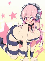 Rule 34 | 1girl, absurdres, aetherion, all fours, ass, bare shoulders, belt bra, blush, breasts, butt crack, cleavage, commentary, embarrassed, english commentary, gradient background, hair between eyes, headphones, highres, hot limit, large breasts, long hair, nitroplus, open mouth, pink hair, red eyes, smile, solo, super sonico, yellow background