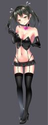 Rule 34 | 10s, 1girl, :q, alternate costume, bad anatomy, bare shoulders, black footwear, black gloves, black panties, black skirt, black thighhighs, black vest, blush, breasts, buckle, buttons, cleavage, closed mouth, collar, collarbone, dominatrix, elbow gloves, full body, garter straps, gloves, green eyes, green hair, grey background, hair ribbon, head tilt, heart-shaped lock, high heels, highres, holding, kantai collection, lock, looking at viewer, medium breasts, microskirt, navel, padlock, padlocked collar, panties, pantyshot, pleated skirt, puririn, ribbon, riding crop, shoes, short hair, short twintails, simple background, skirt, solo, standing, stomach, thighhighs, tongue, tongue out, twintails, underwear, vest, white ribbon, zuikaku (kancolle)