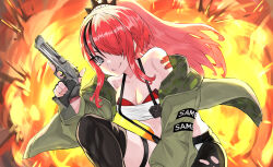 Rule 34 | 1girl, bandeau, bare shoulders, black shorts, black thighhighs, commentary request, explosion, green jacket, grey eyes, gun, hair over one eye, handgun, highres, holding, holding gun, holding weapon, jacket, lain paterson, lain paterson (1st costume), long hair, long sleeves, looking at viewer, midriff, navel, nijisanji, ponytail, red hair, short shorts, shorts, smile, solo, stomach, strapless, takusan-kita, thigh strap, thighhighs, thighs, tube top, very long hair, virtual youtuber, weapon