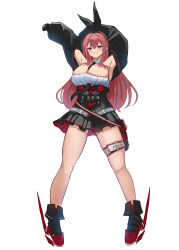 Rule 34 | 1girl, absurdres, ankle boots, armpits, arms up, azur lane, bag, bare shoulders, belt, between breasts, black footwear, black gloves, black necktie, black skirt, black sleeves, bodice, boots, breasts, bremerton (azur lane), cleavage, closed mouth, commentary request, cosplay, detached collar, detached sleeves, full body, gloves, grey hair, hair between eyes, hair down, hair intakes, hair ornament, hair ribbon, highres, large breasts, long hair, looking at viewer, mole, mole on breast, mole under eye, multicolored hair, necktie, necktie between breasts, pink eyes, pink hair, pleated skirt, prinz heinrich (azur lane), prinz heinrich (azur lane) (cosplay), ribbed shirt, ribbon, rudder footwear, shirt, sidelocks, simple background, skindentation, skirt, smile, solo, soul (dp11), standing, strapless, strapless shirt, streaked hair, thigh belt, thigh strap, two-tone hair, white background