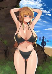 Rule 34 | 1girl, 6no1, armpits, arms up, beach, bikini, blonde hair, blue eyes, blush, breasts, elf, highres, large breasts, looking at viewer, low twintails, navel, original, pointy ears, side-tie bikini bottom, swimsuit, twintails