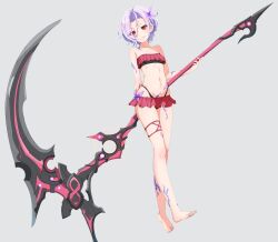 Rule 34 | 1girl, alternate costume, armpit crease, bare shoulders, barefoot, bikini, body markings, breasts, collarbone, commentary request, curtained hair, eyelashes, frilled bikini, frills, full body, grey background, highleg, highres, holding, holding scythe, holding weapon, kamidan, navel, purple hair, red bikini, red eyes, scythe, short hair, simple background, small breasts, smile, solo, standing, swimsuit, teeth, weapon, x (xenoblade), xenoblade chronicles (series), xenoblade chronicles 3