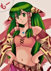 Rule 34 | 1girl, closed mouth, commentary request, feena (grandia), grandia, grandia i, green eyes, green hair, hair ornament, hair tubes, jewelry, long hair, midriff, navel, necklace, okobore de shou, skirt, solo, wide sleeves